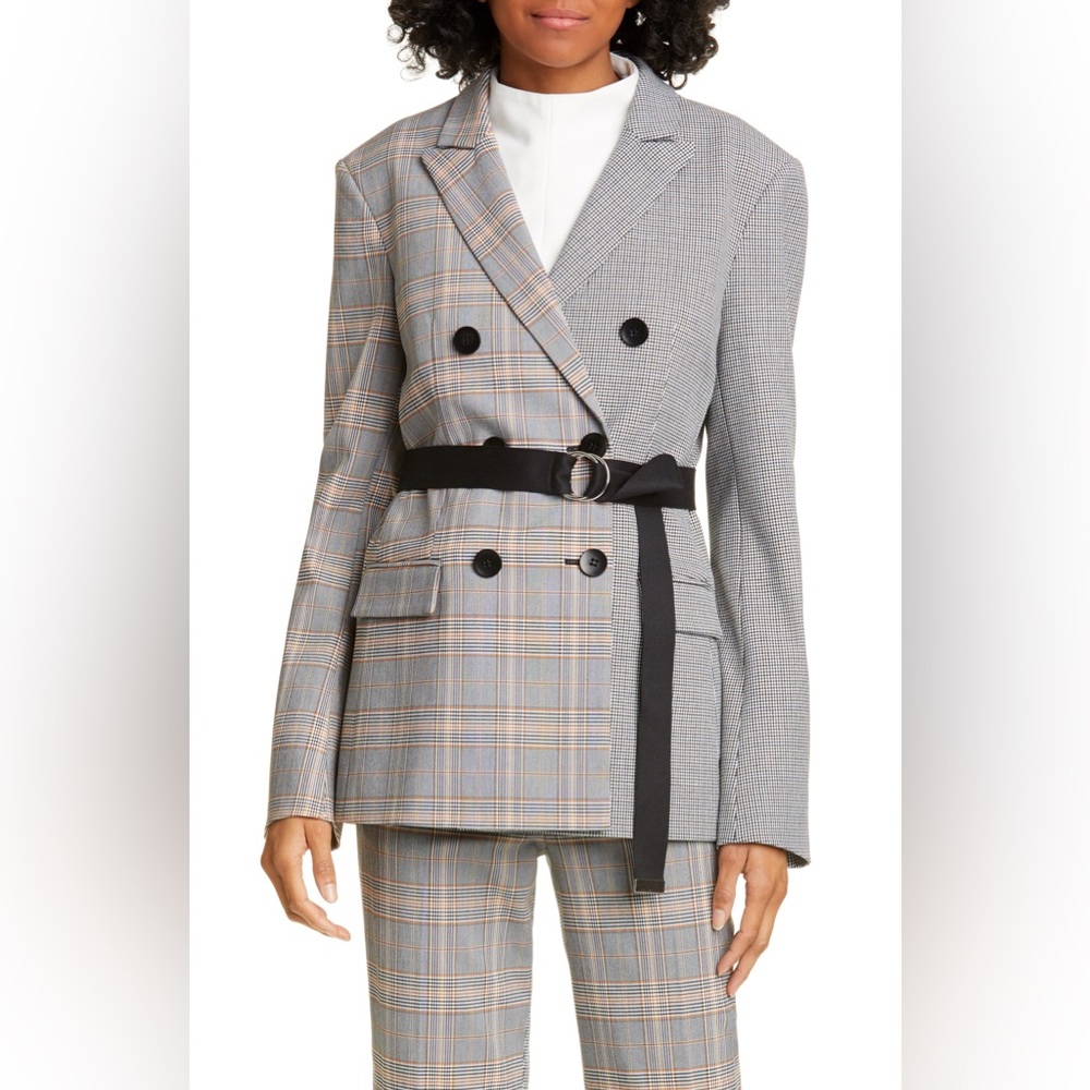 NWT $595 Tibi Mixed Check Belted Steward Blazer